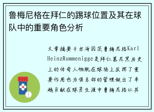鲁梅尼格在拜仁的踢球位置及其在球队中的重要角色分析