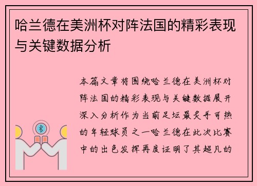 哈兰德在美洲杯对阵法国的精彩表现与关键数据分析