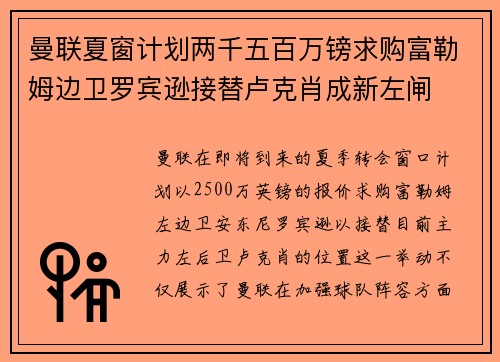 曼联夏窗计划两千五百万镑求购富勒姆边卫罗宾逊接替卢克肖成新左闸 曼联夏窗计划两千五百万镑求购富勒姆边卫罗宾逊接替卢克肖成新左闸