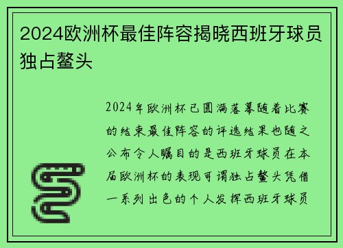 2024欧洲杯最佳阵容揭晓西班牙球员独占鳌头